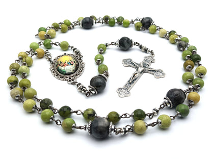 Last Supper unique rosary beads with green gemstone beads, silver four basilicas crucifix, picture centre medal and bead caps.