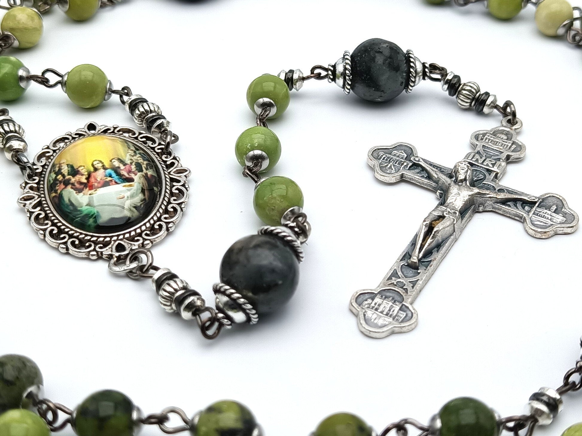 Last Supper unique rosary beads with green gemstone beads, silver four basilicas crucifix, picture centre medal and bead caps.