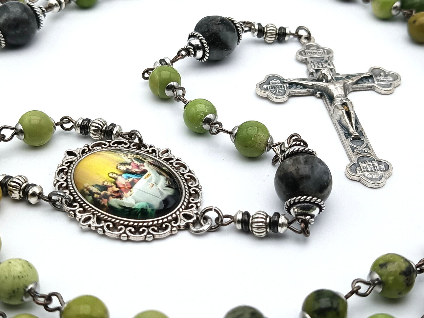 Last Supper unique rosary beads with green gemstone beads, silver four basilicas crucifix, picture centre medal and bead caps.