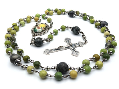 Last Supper unique rosary beads with green gemstone beads, silver four basilicas crucifix, picture centre medal and bead caps.