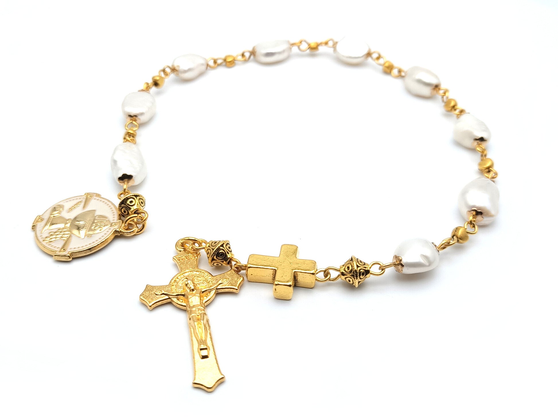 Blessed Sacrament unique rosary beads single decade with genuine freshwater pearl beads, golden Saint Benedict crucifix, pater bead and bead caps.