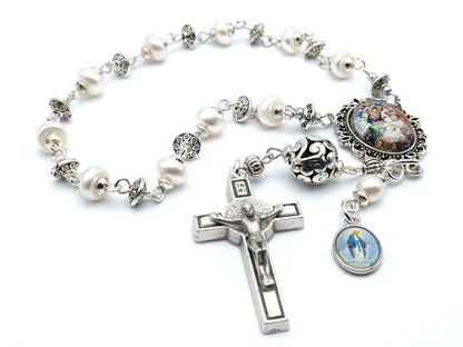 Saint Joseph and Child Jesus unique rosary beads single decade with genuine pearl beads, silver Saint Benedict crucifix, pater bead and picture centre medal.