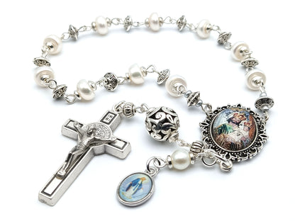 Saint Joseph and Child Jesus unique rosary beads single decade with genuine pearl beads, silver Saint Benedict crucifix, pater bead and picture centre medal.