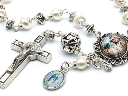Saint Joseph and Child Jesus unique rosary beads single decade with genuine pearl beads, silver Saint Benedict crucifix, pater bead and picture centre medal.