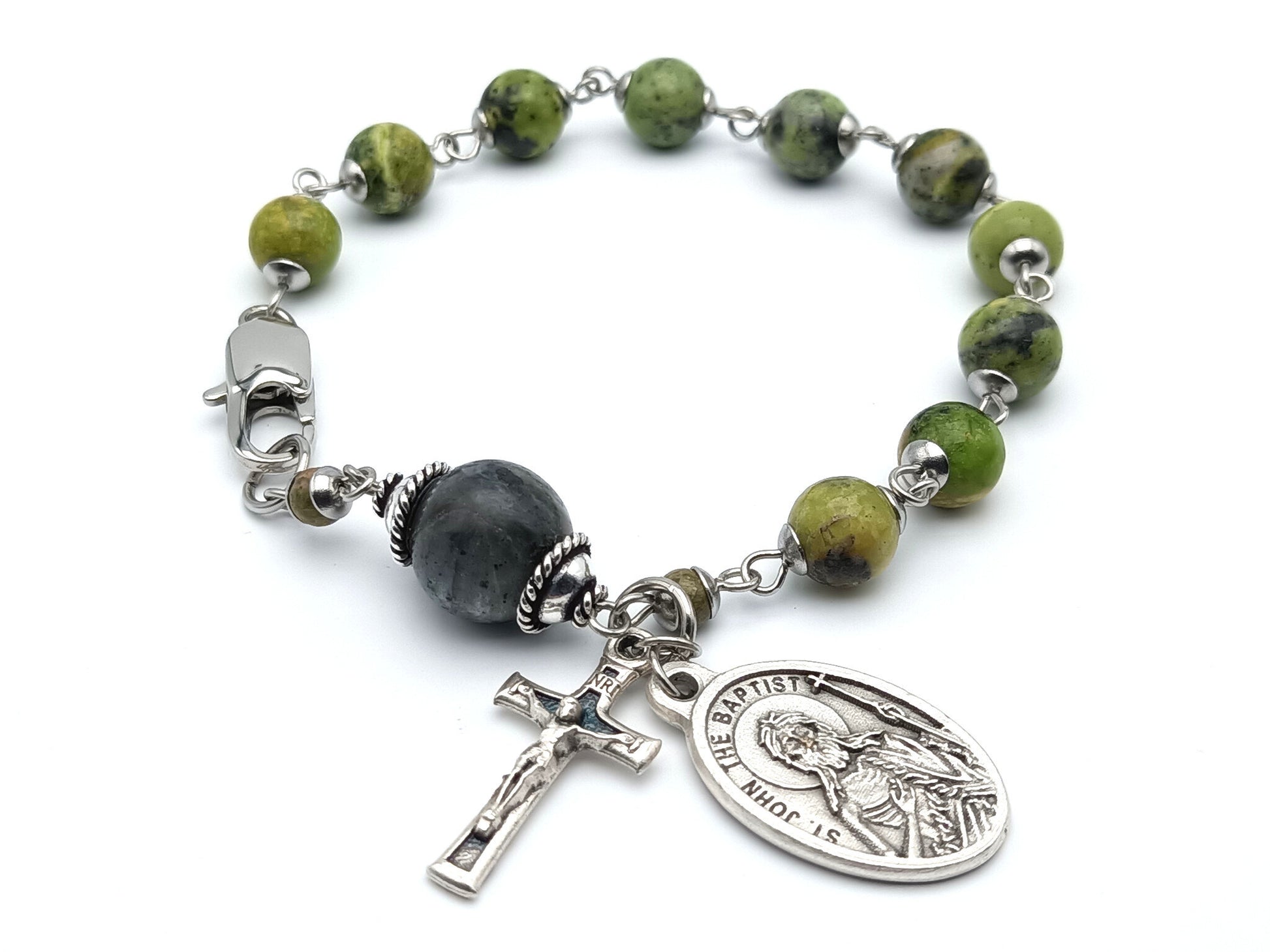 Saint John the Baptist unique rosary beads single decade with green gemstone beads, silver crucifix, St. John the Baptist medal and stainless steel clasp.