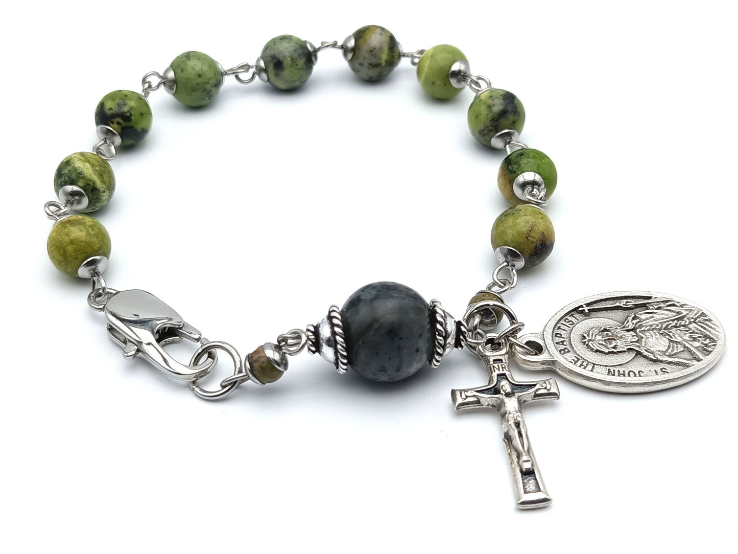 Saint John the Baptist unique rosary beads single decade with green gemstone beads, silver crucifix, St. John the Baptist medal and stainless steel clasp.