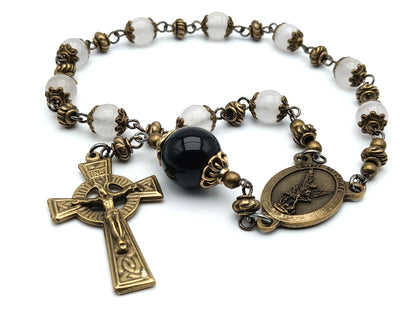 Saint Michael unique rosary beads single decade with opal gemstone beads, bronze crucifix, centre medal and onyx pater bead.