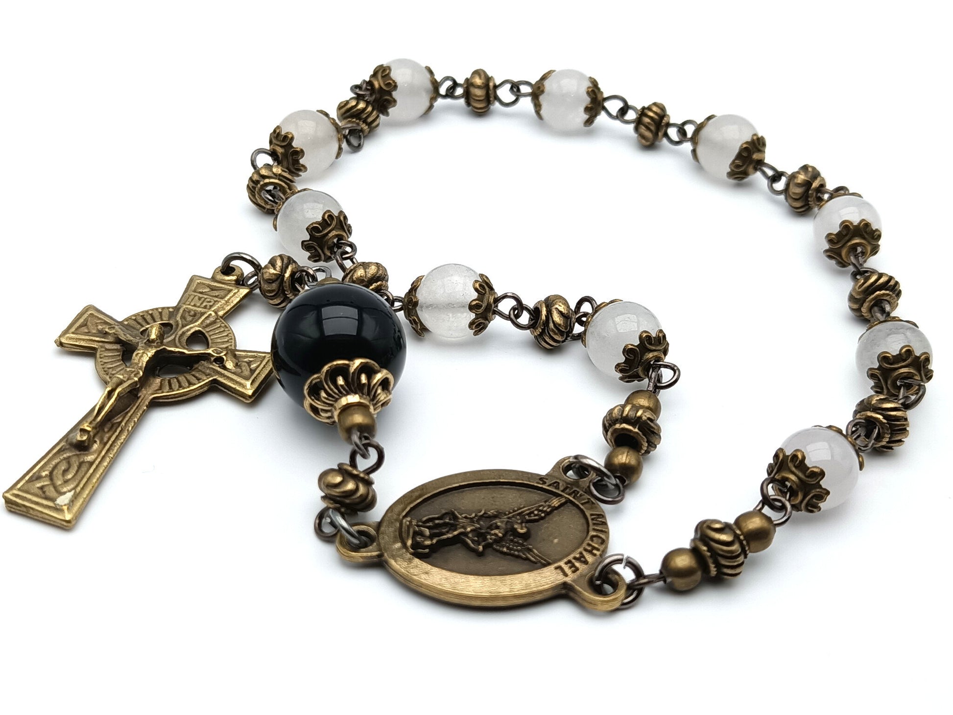 Saint Michael unique rosary beads single decade with opal gemstone beads, bronze crucifix, centre medal and onyx pater bead.