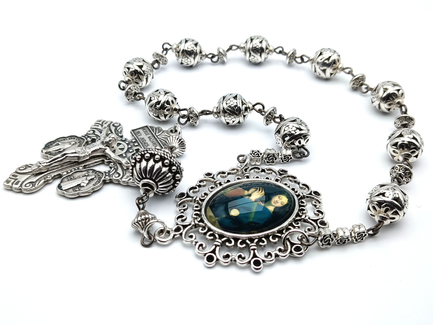 Holy Eucharist unique rosary beads single decade with silver beads, pardon crucifix and picture centre medal.