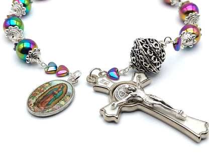 Our Lady of Guadalupe unique rosary beads single decade with petrol hematite gemstone beads, silver and white enamel Saint Benedict crucifix and picture medal.