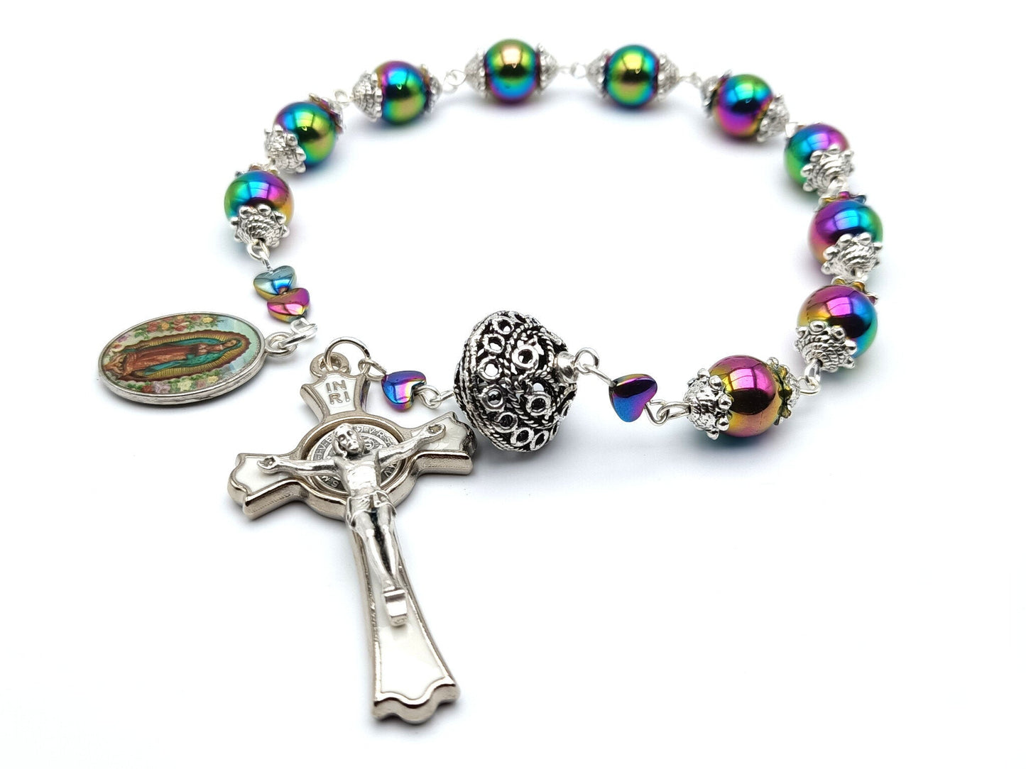 Our Lady of Guadalupe unique rosary beads single decade with petrol hematite gemstone beads, silver and white enamel Saint Benedict crucifix and picture medal.