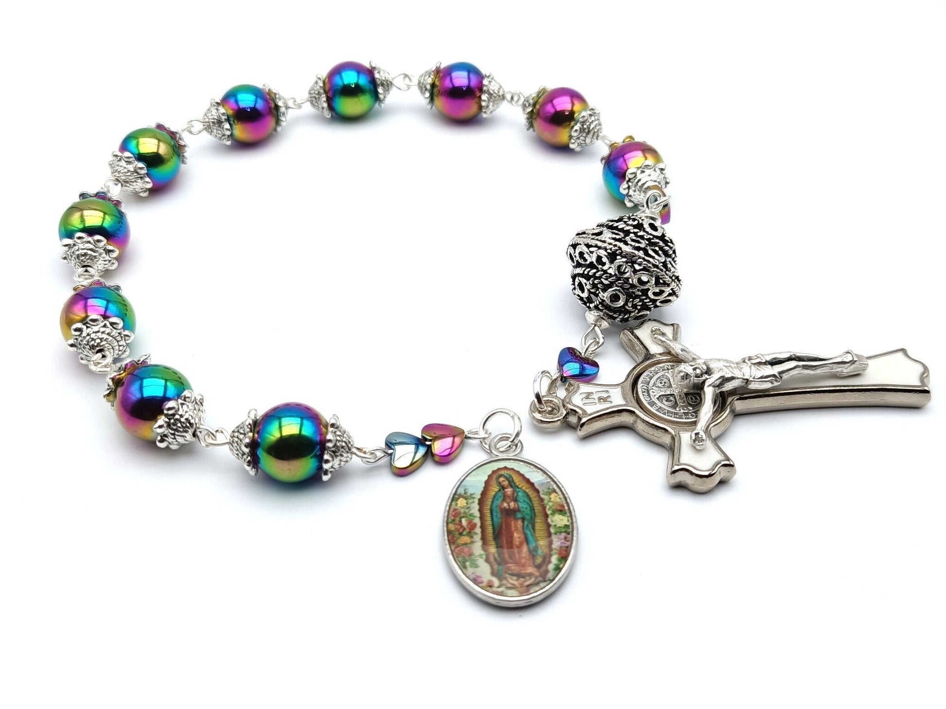 Our Lady of Guadalupe unique rosary beads single decade with petrol hematite gemstone beads, silver and white enamel Saint Benedict crucifix and picture medal.