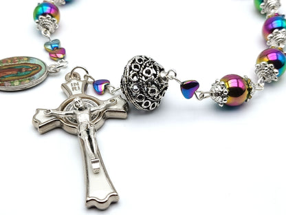 Our Lady of Guadalupe unique rosary beads single decade with petrol hematite gemstone beads, silver and white enamel Saint Benedict crucifix and picture medal.