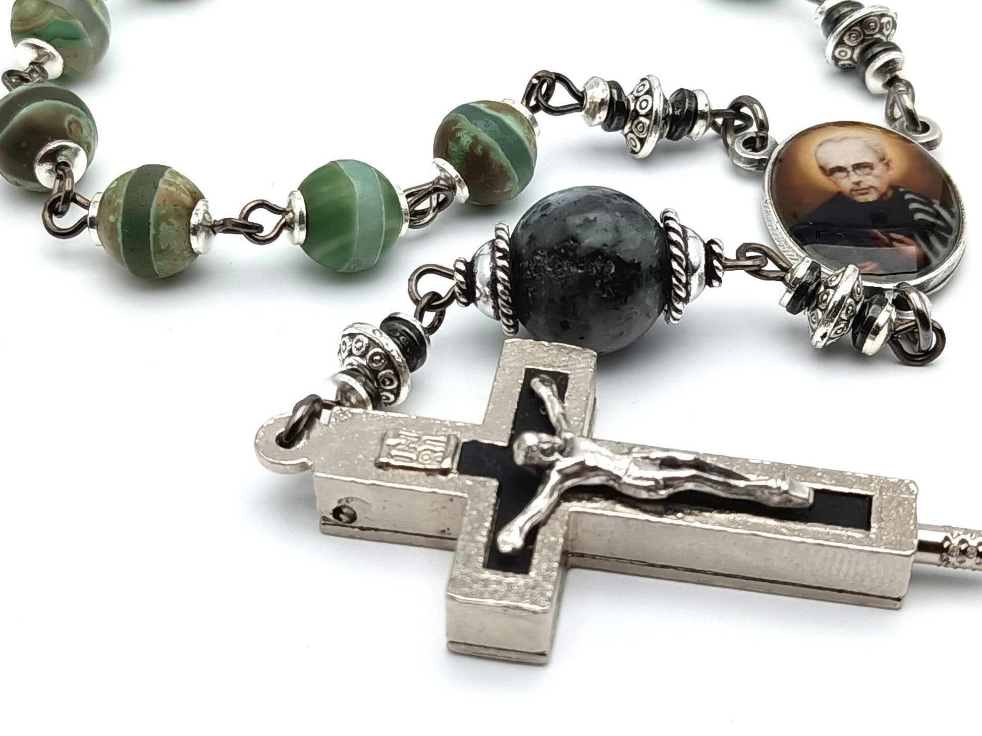 Saint Maximillian Kolbe unique rosary beads single decade with gemstone beads, silver and black relic holder crucifix and picture centre medal.