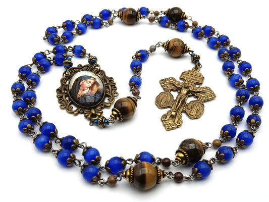 Our Lady of Sorrows unique rosary beads with blue glass and tigers eye gemstone beads, bronze pardon crucifix and picture centre medal.