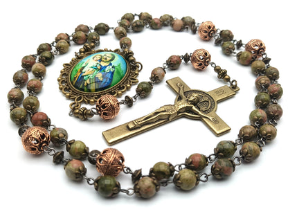 Saint Joseph unique rosary beads with green gemstone beads, bronze bead caps, copper pater beads, brass Saint Benedict crucifix and picture centre medal.