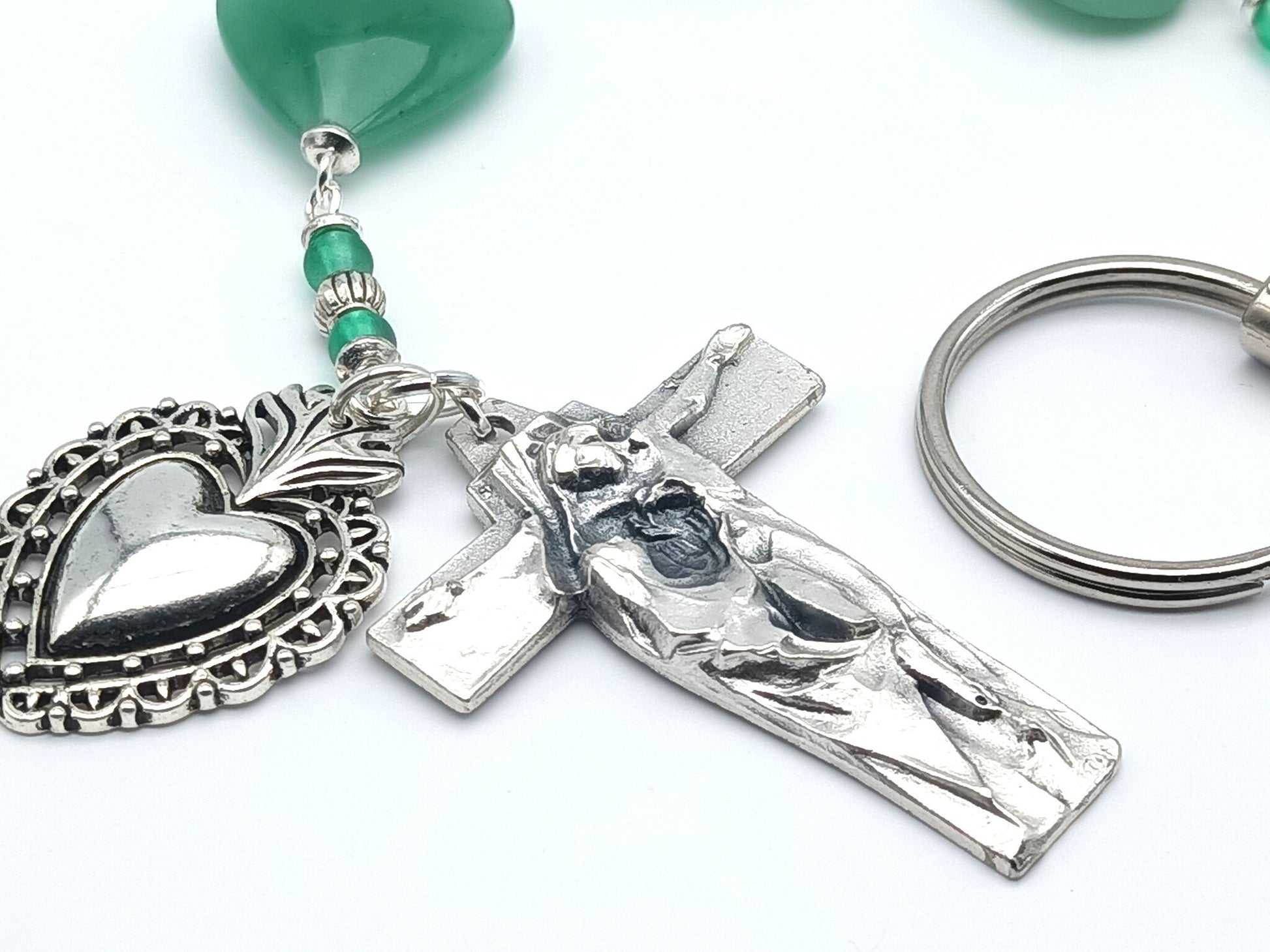 Three Hail Mary unique rosary beads chaplet with green gemstone beads, silver Our Lady of Sorrows crucifix and scared heart of Jesus medal.