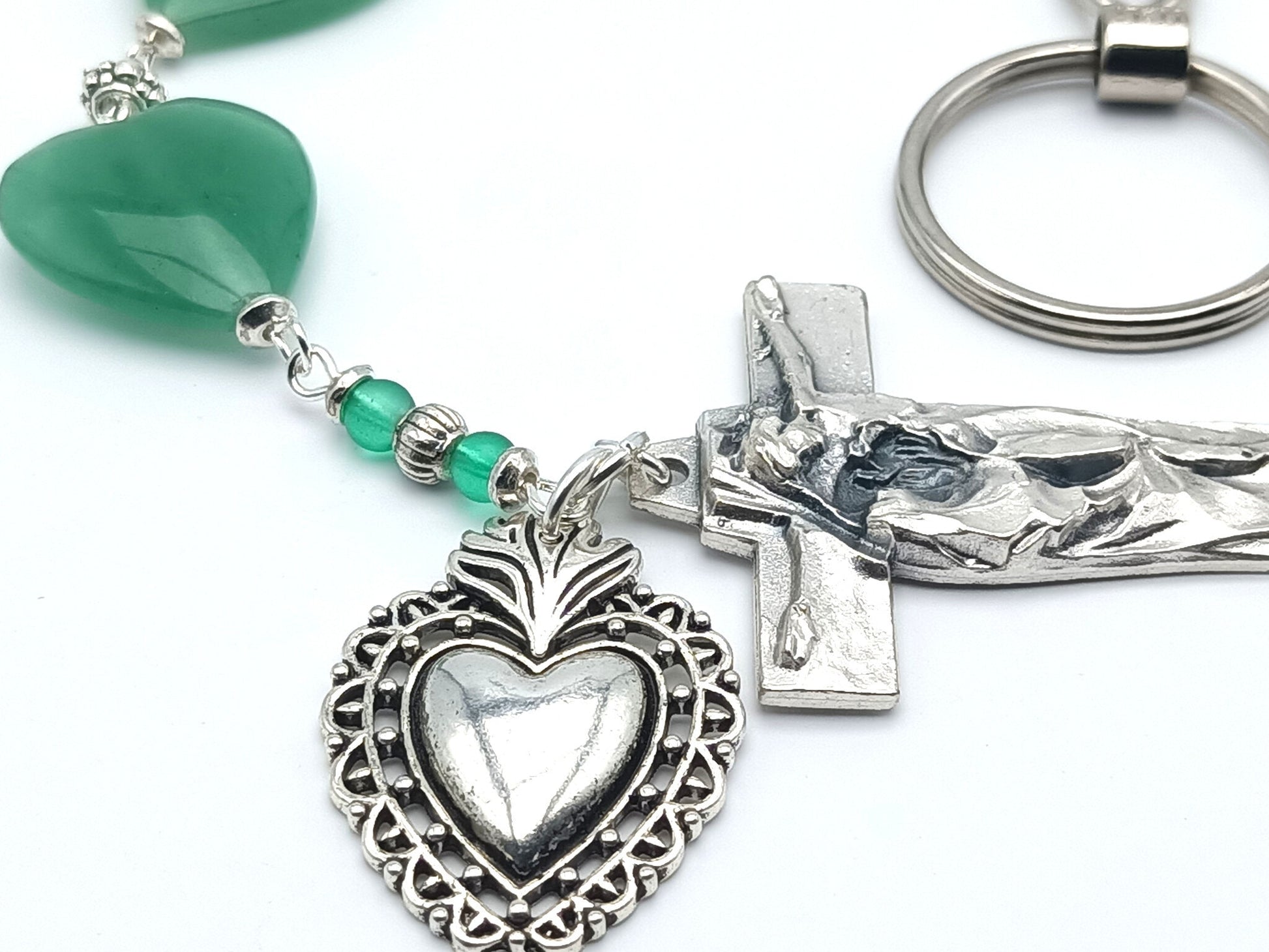 Three Hail Mary unique rosary beads chaplet with green gemstone beads, silver Our Lady of Sorrows crucifix and scared heart of Jesus medal.