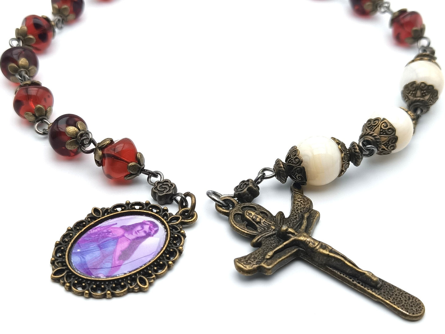 Saint Philomena unique rosary beads prayer chaplet with red nugget glass and opal beads, bronze bead caps, crucifix and picture medal.