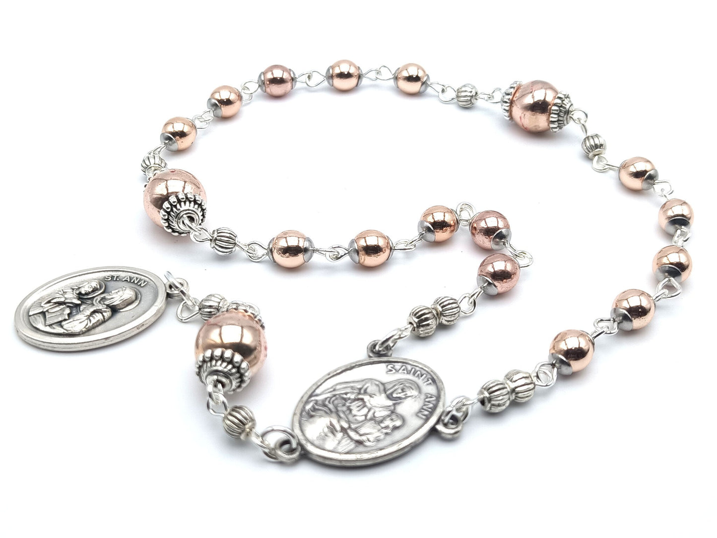Saint Ann unique rosary beads prayer chaplet with rose gold gemstone beads, silver bead caps, Saint Ann centre and end medals.