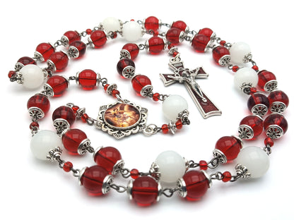 Saint Michael unique rosary beads prayer chaplet with red and opal glass beads, red crown of thorns crucifix and silver picture centre medal.