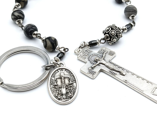 Holy Souls unique rosary beads single decade or tenner with black and grey gemstone beads, silver penal crucifix and holy souls medal.