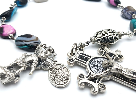 Saint Michael unique rosary beads single decade or tenner rosary with multi coloured gemstone beads, silver Saint Benedict crucifix, pater bead and statue Saint Michael medal.