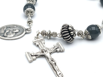 Saint Alphonsus Liguori unique rosary beads single decade or tenner rosary with blue gemstone beads, silver bead caps, pater bead, column crucifix and Saint Alphonsus medal.