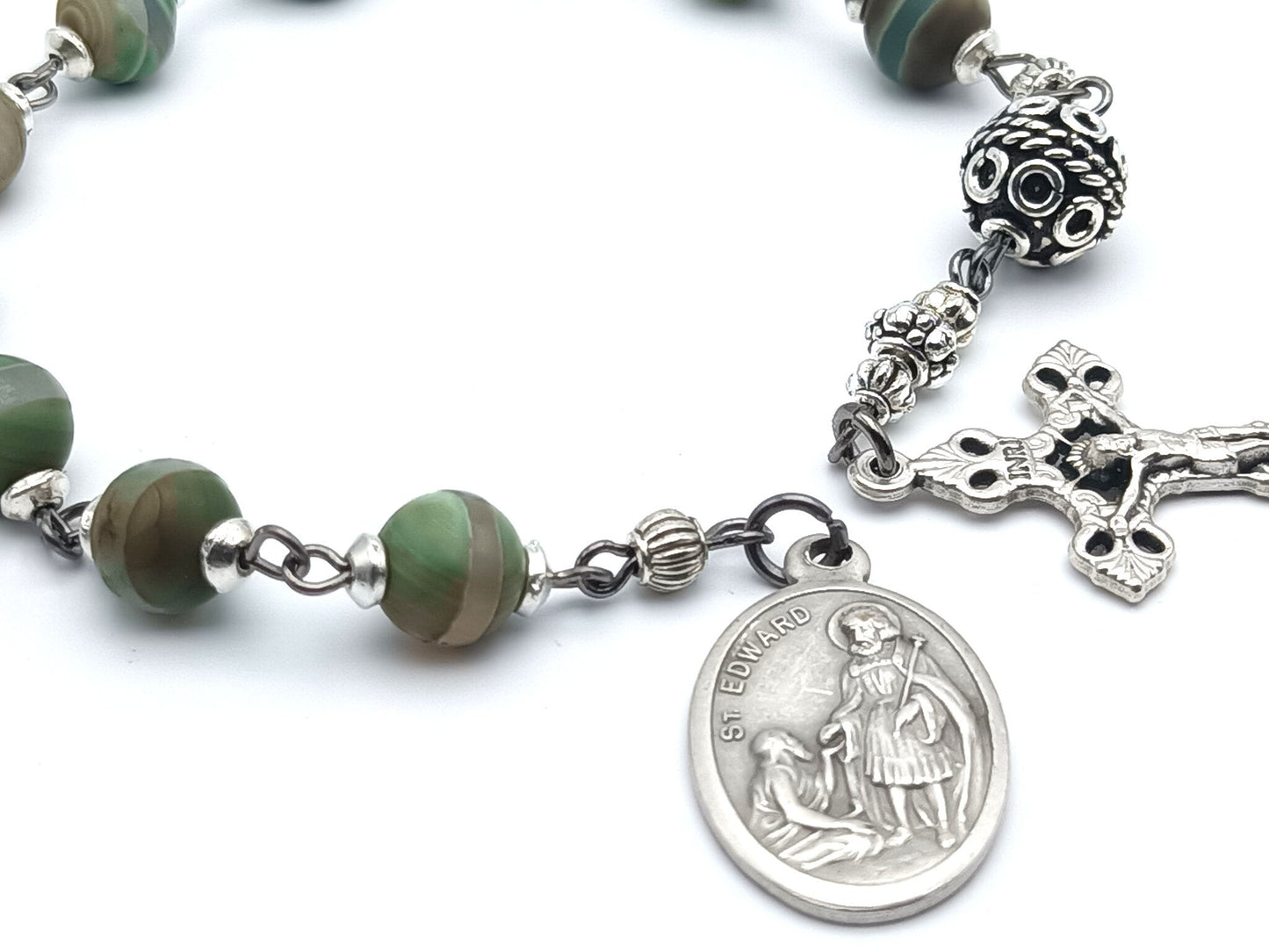Saint Edward unique rosary beads single decade or tenner rosary with green agate gemstone beads, silver pater bead, crucifix and Saint Edward medal.