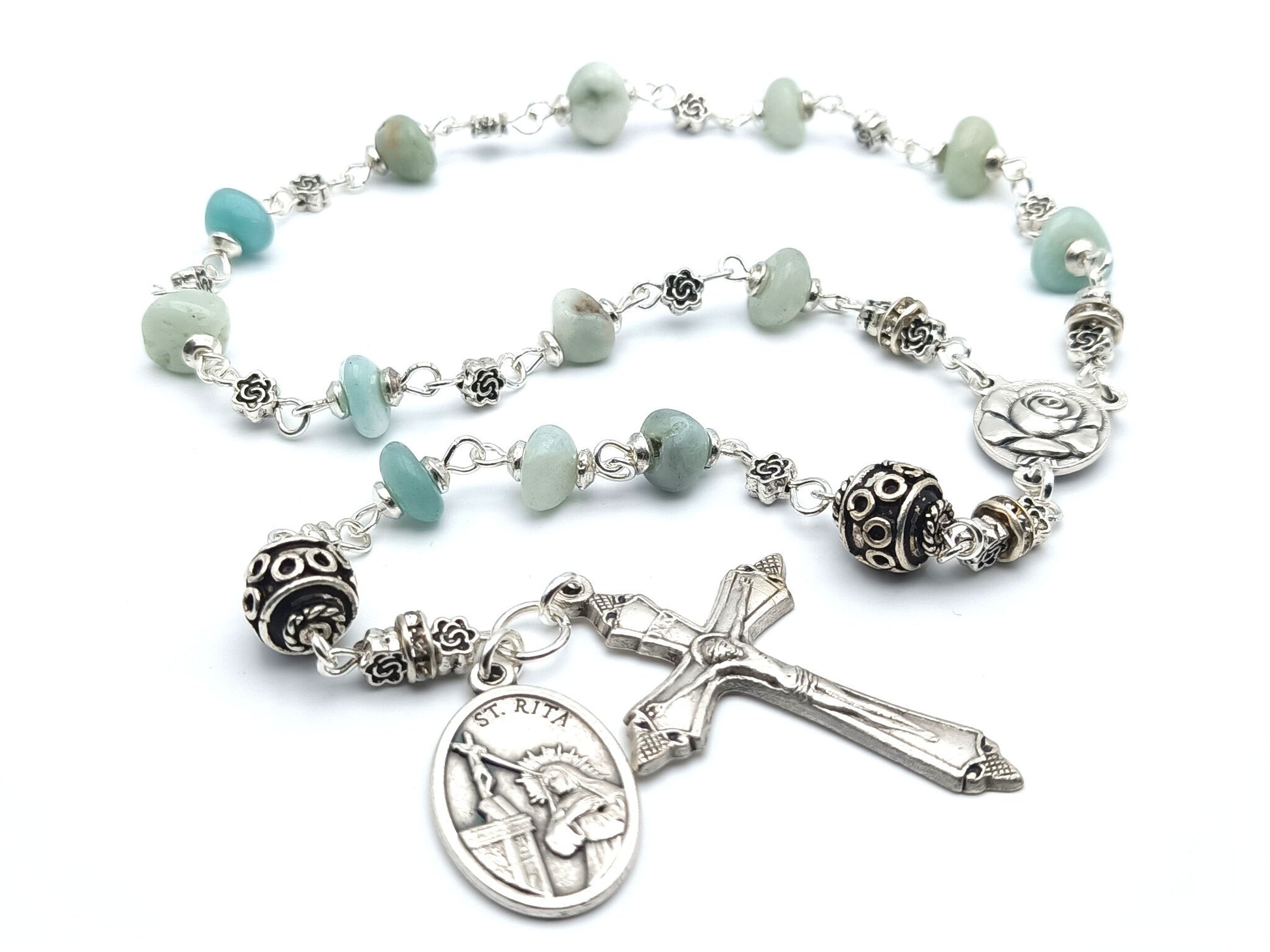 Saint Rita unique rosary beads single decade or tenner rosary with agate gemstone beads, silver pater beads, Holy Angels crucifix and Saint Rita medal.