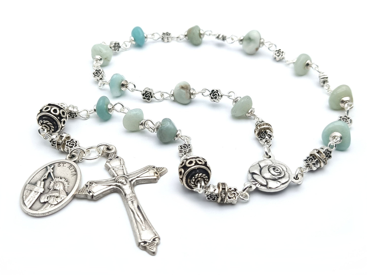 Saint Rita unique rosary beads single decade or tenner rosary with agate gemstone beads, silver pater beads, Holy Angels crucifix and Saint Rita medal.