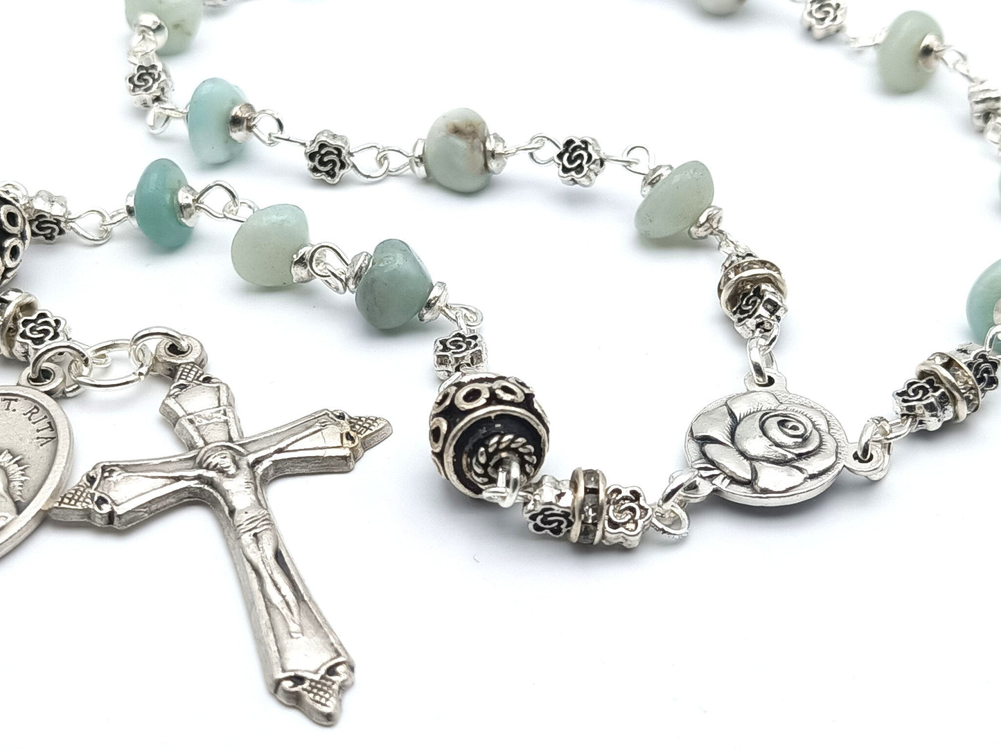 Saint Rita unique rosary beads single decade or tenner rosary with agate gemstone beads, silver pater beads, Holy Angels crucifix and Saint Rita medal.
