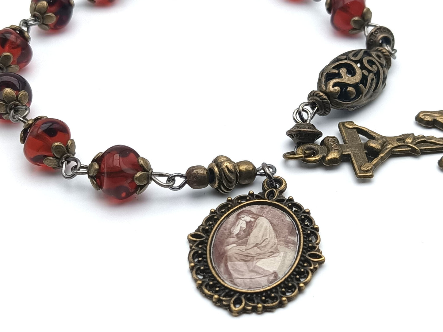 Saint Mary Magdalene unique rosary beads single decade or tenner rosary with red nugget glass beads, bronze bead caps, two Marys crucifix and picture medal.