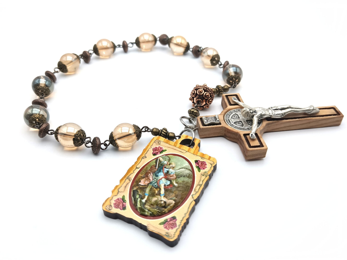 Saint Michael unique rosary beads single decade or tenner with pale gold glass beads, bronze bead caps, copper pater bead and silver and wooden crucifix and Saint Michael wooden picture medal.