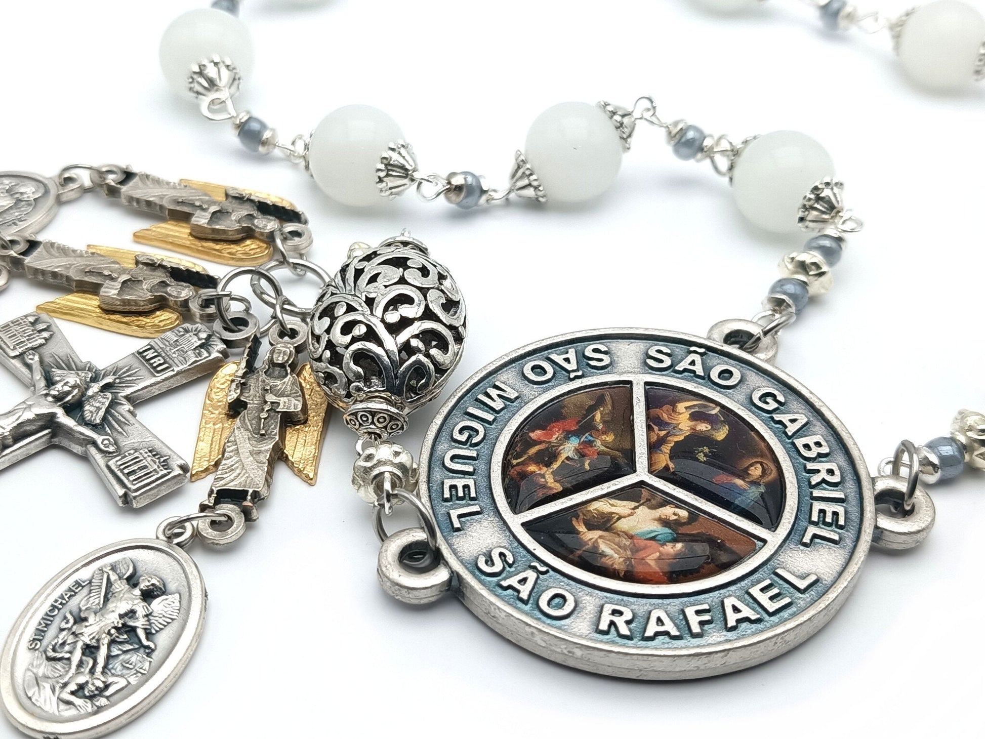 Archangels unique rosary beads single decade or tenner with opal gemstone beads, silver basilica crucifix, picture centre medal and archangels medals.