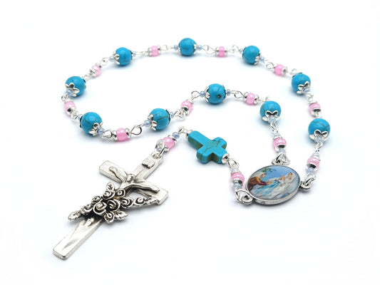 Saint Bernadette unique rosary beads single decade or tenner rosary with turquoise gemstone beads, silver bead caps, rose crucifix and picture centre medal.