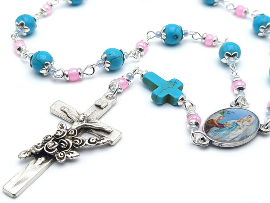 Saint Bernadette unique rosary beads single decade or tenner rosary with turquoise gemstone beads, silver bead caps, rose crucifix and picture centre medal.
