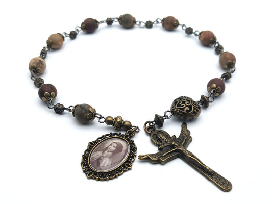 Saint Therese of Lisieux unique rosary beads single decade or tenner rosary with gemstone beads, bronze bead caps, Trinity crucifix and picture end medal.