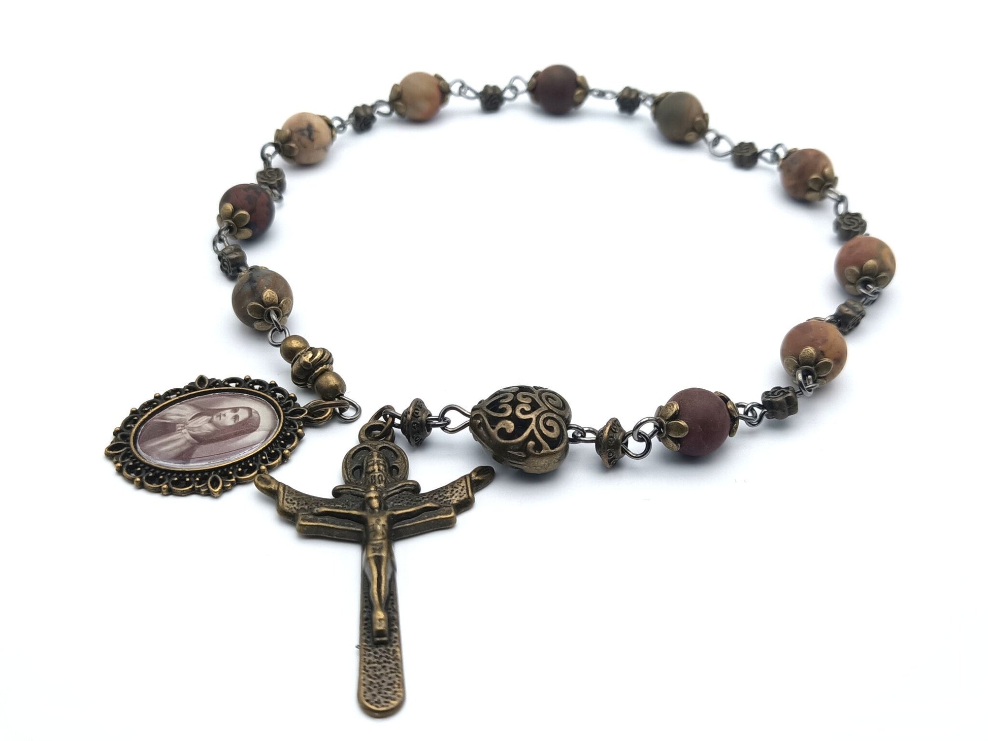 Saint Therese of Lisieux unique rosary beads single decade or tenner rosary with gemstone beads, bronze bead caps, Trinity crucifix and picture end medal.