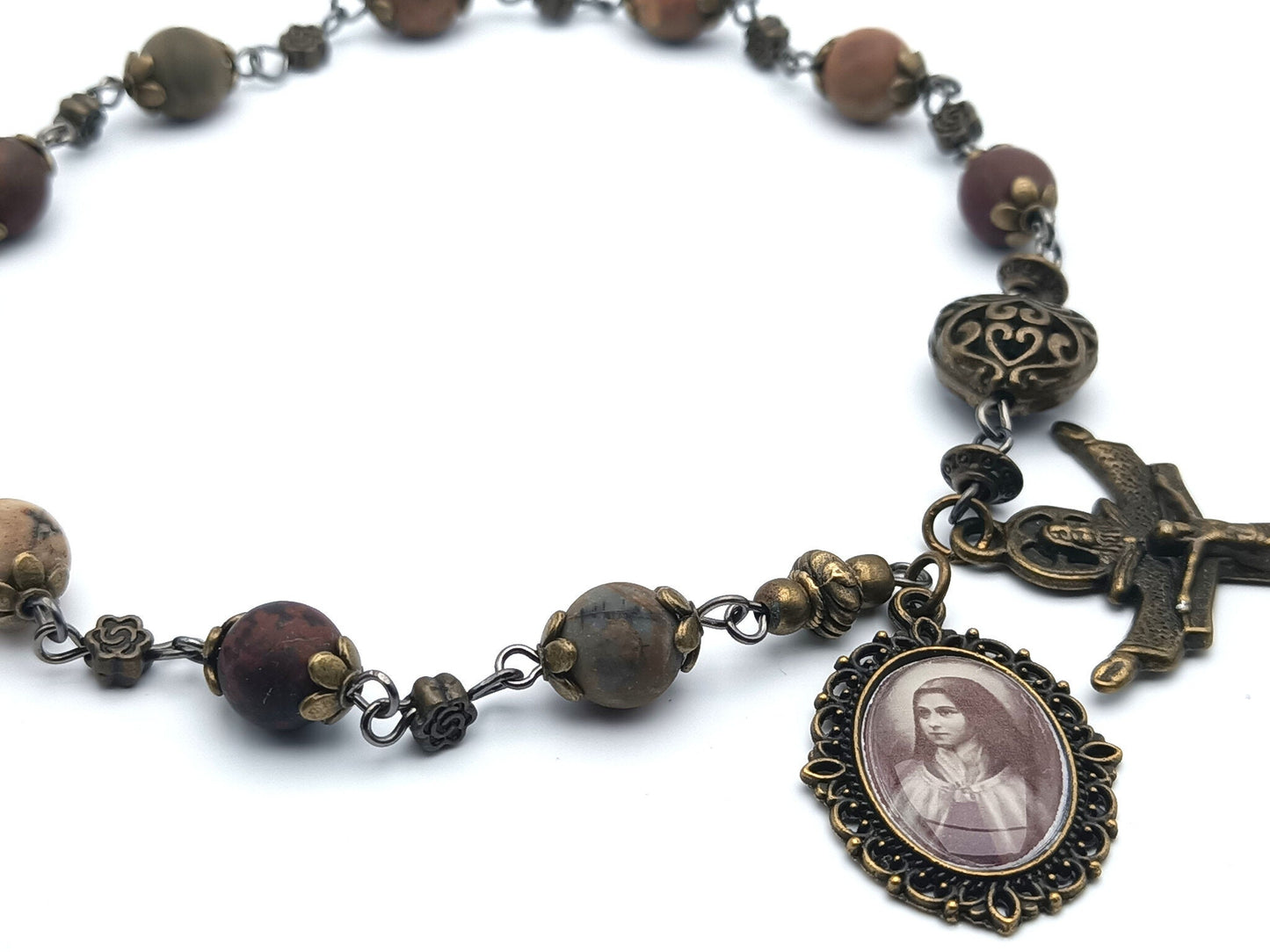 Saint Therese of Lisieux unique rosary beads single decade or tenner rosary with gemstone beads, bronze bead caps, Trinity crucifix and picture end medal.