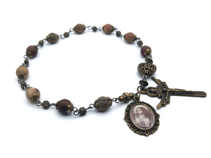 Saint Therese of Lisieux unique rosary beads single decade or tenner rosary with gemstone beads, bronze bead caps, Trinity crucifix and picture end medal.