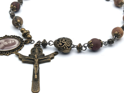 Saint Therese of Lisieux unique rosary beads single decade or tenner rosary with gemstone beads, bronze bead caps, Trinity crucifix and picture end medal.