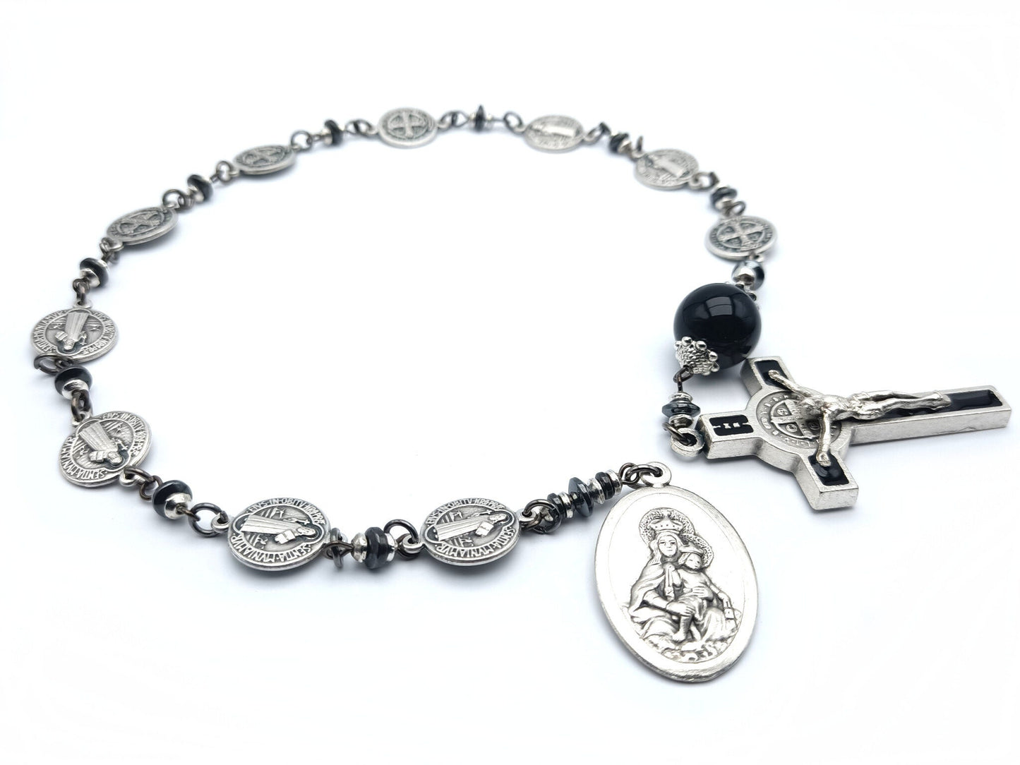 Saint Benedict unique rosary beads single decade or tenner rosary with silver Saint benedict medal beads, onyx pater bead, silver and black enamel crucifix and Our Lady of Mount Carmel medal.