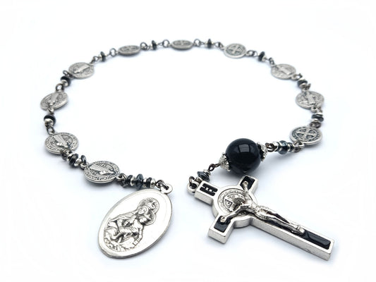 Saint Benedict unique rosary beads single decade or tenner rosary with silver Saint benedict medal beads, onyx pater bead, silver and black enamel crucifix and Our Lady of Mount Carmel medal.