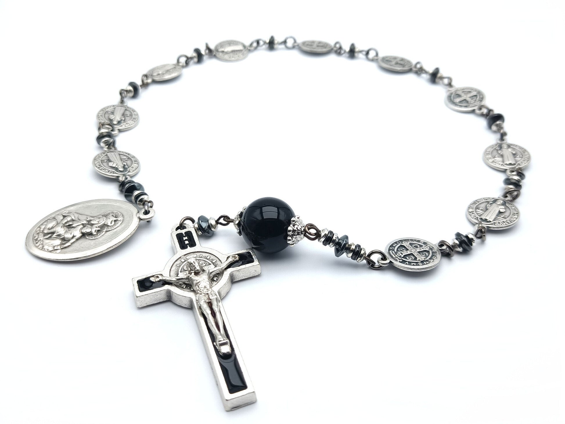 Saint Benedict unique rosary beads single decade or tenner rosary with silver Saint benedict medal beads, onyx pater bead, silver and black enamel crucifix and Our Lady of Mount Carmel medal.