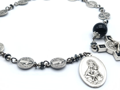 Saint Benedict unique rosary beads single decade or tenner rosary with silver Saint benedict medal beads, onyx pater bead, silver and black enamel crucifix and Our Lady of Mount Carmel medal.