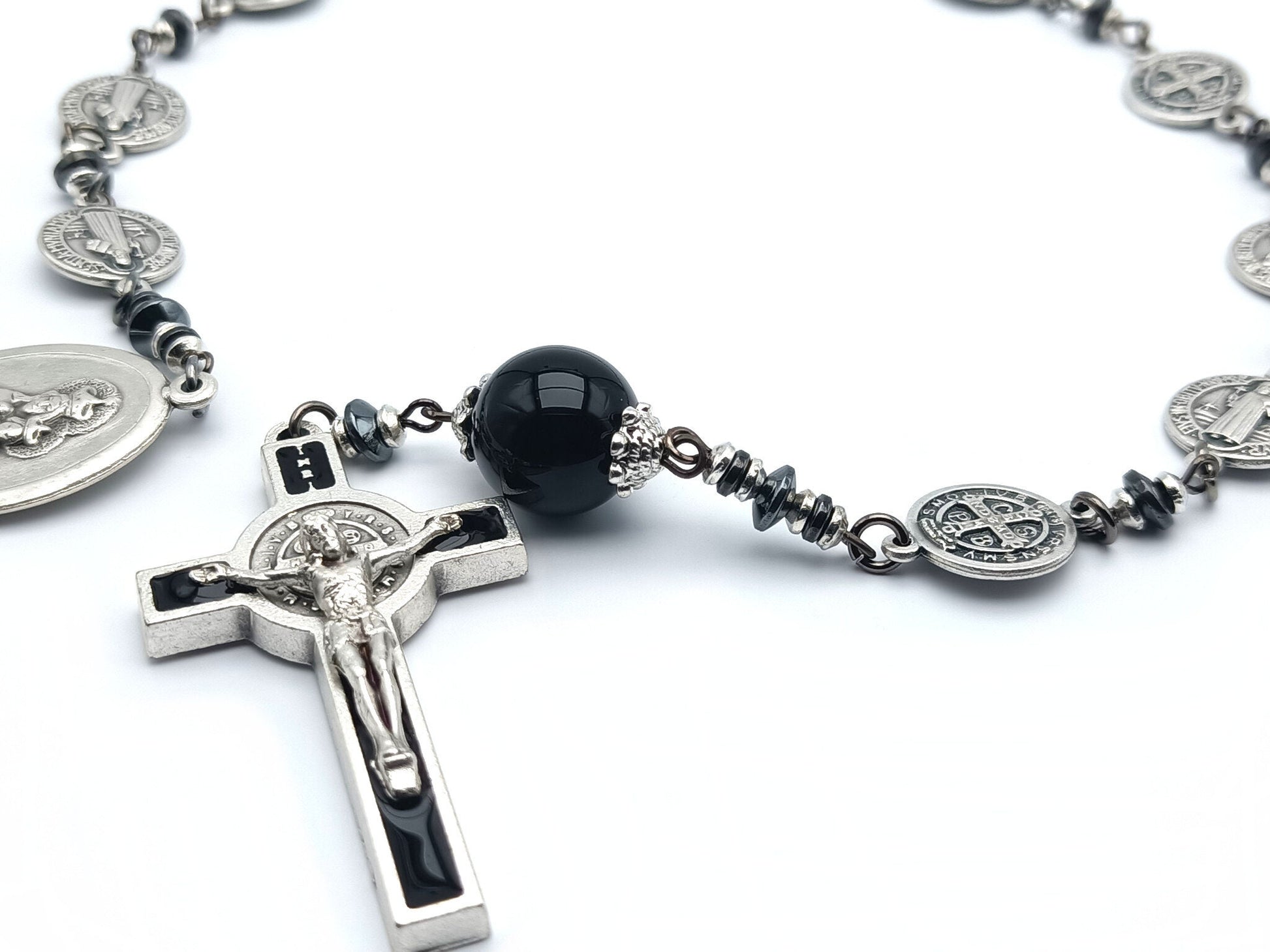 Saint Benedict unique rosary beads single decade or tenner rosary with silver Saint benedict medal beads, onyx pater bead, silver and black enamel crucifix and Our Lady of Mount Carmel medal.