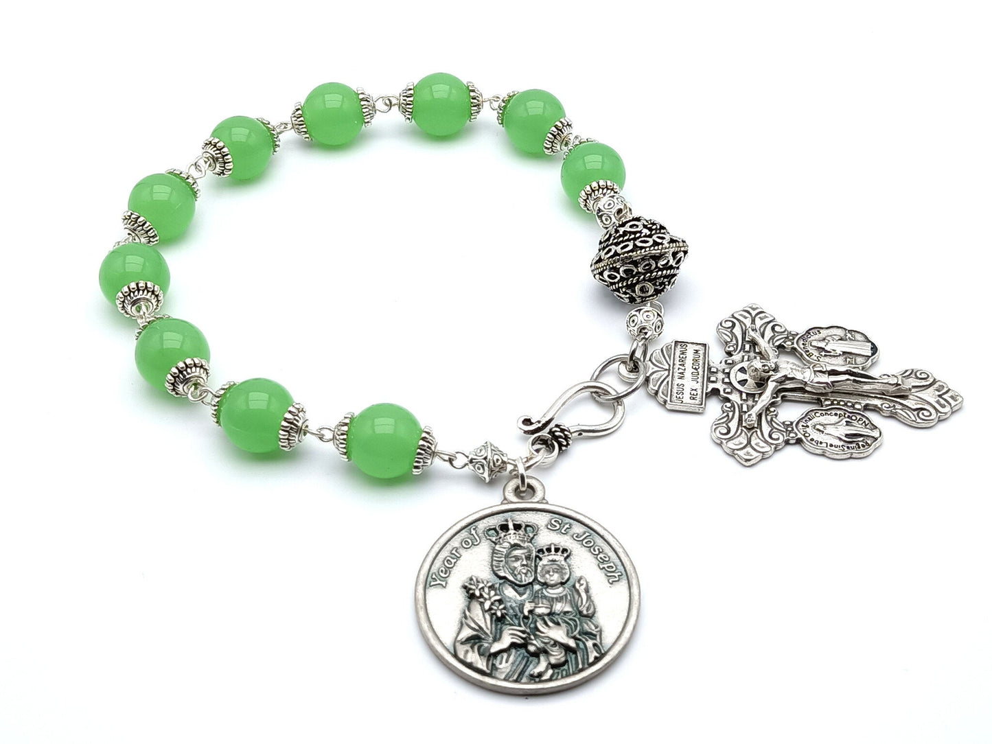 Saint Joseph unique rosary beads single decade or tenner rosary with green glass beads, silver bead caps, pater bead, pardon crucifix and Year of Saint Joseph medal.