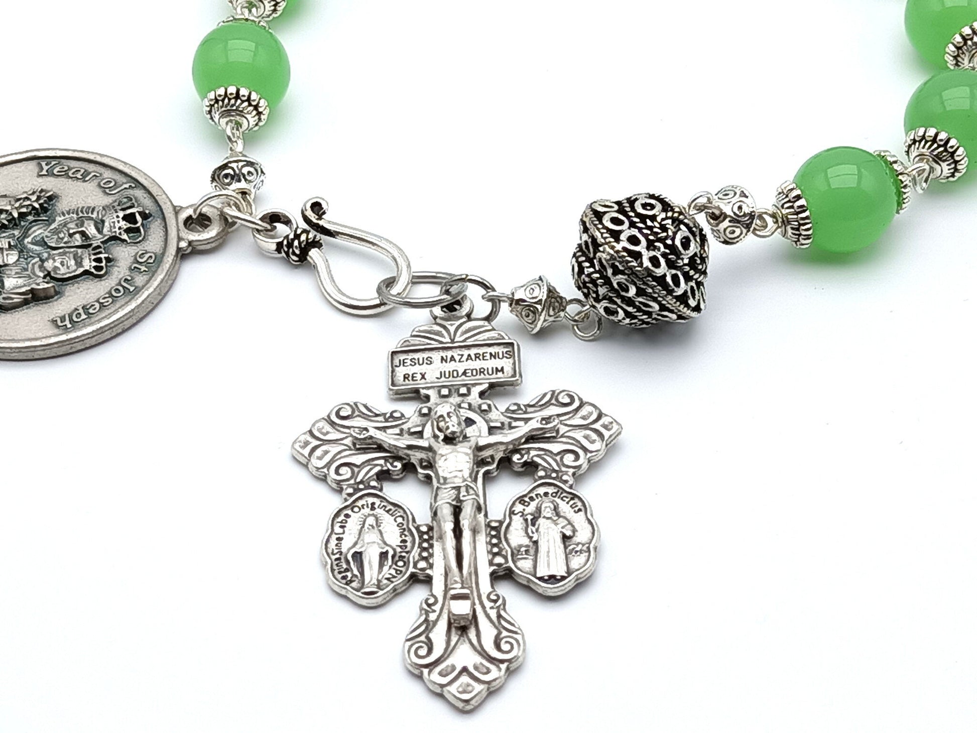 Saint Joseph unique rosary beads single decade or tenner rosary with green glass beads, silver bead caps, pater bead, pardon crucifix and Year of Saint Joseph medal.