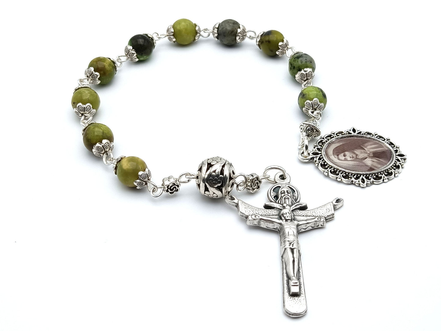 Saint Therese of Lisieux unique rosary beads single decade or tenner rosary with green gemstone beads, silver bead caps, pater bead, Trinity crucifix and picture end medal.